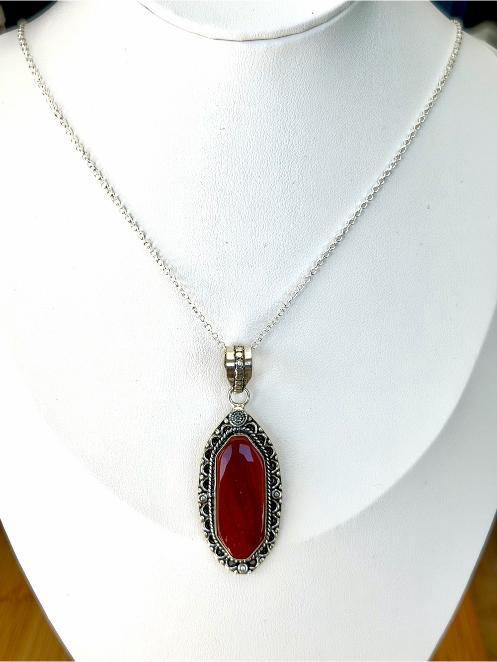 Carnelian Semi-Precious Gemstone Pendant with .925 20” Necklace